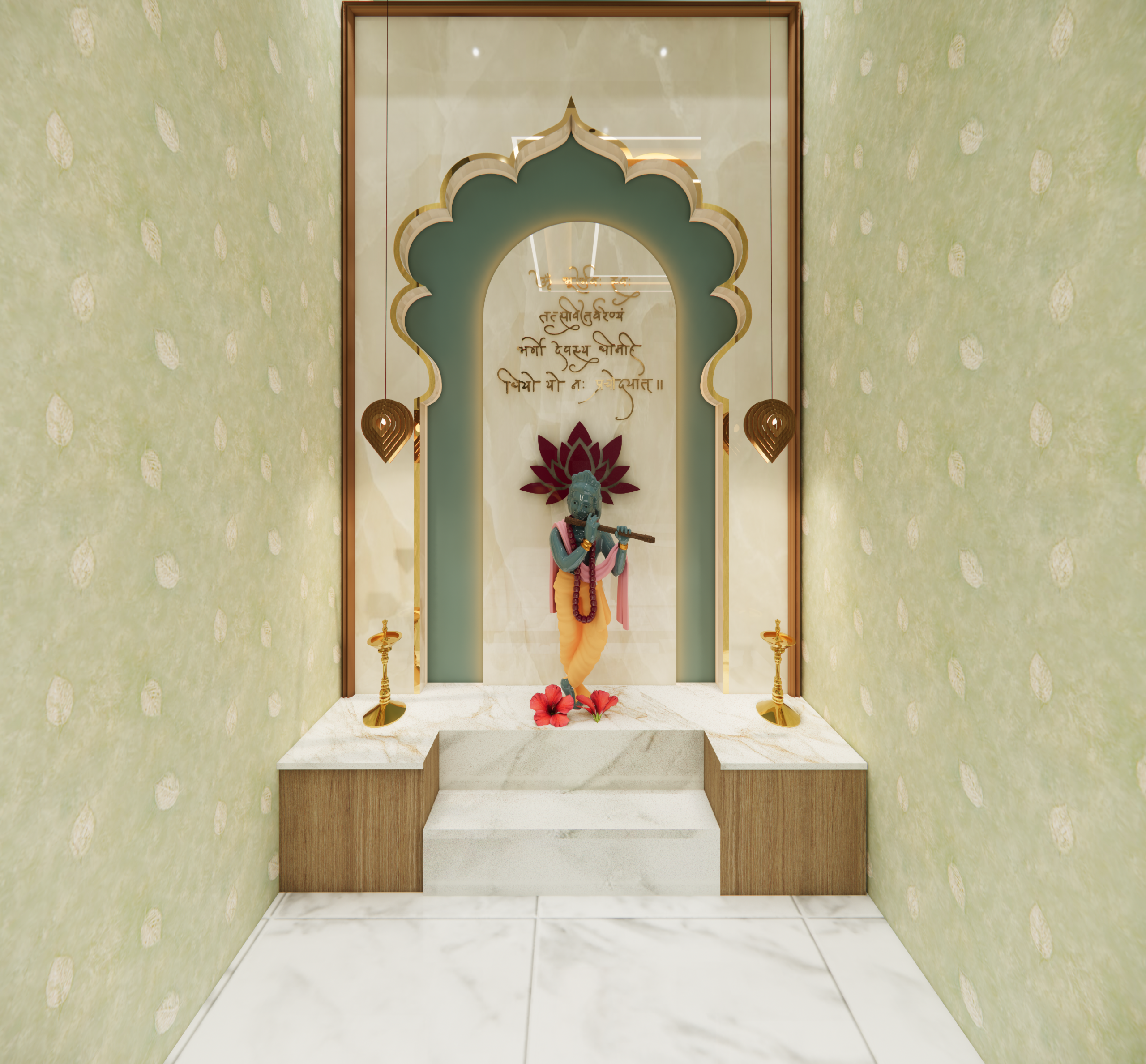 Modern home temple and pooja room interior design featuring custom archwork, warm lighting, and elegant marble finishes by Evergrace Homes.
