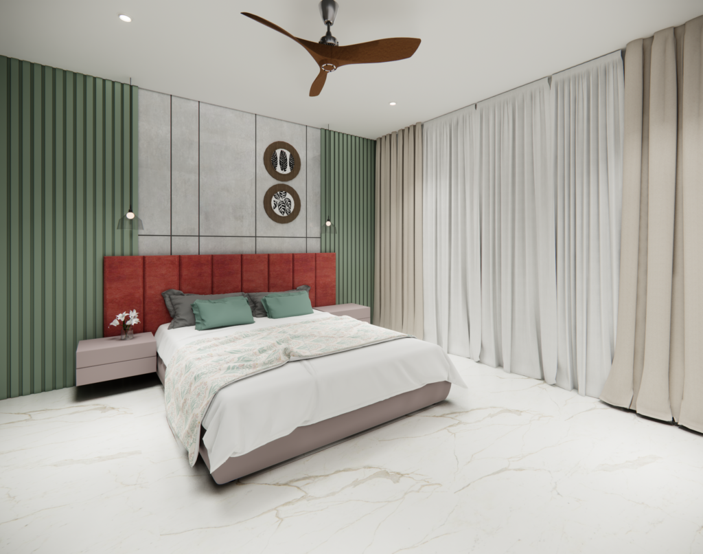 Luxurious modern bedroom interior design featuring custom headboard, premium lighting, and elegant decor by Evergrace Homes.